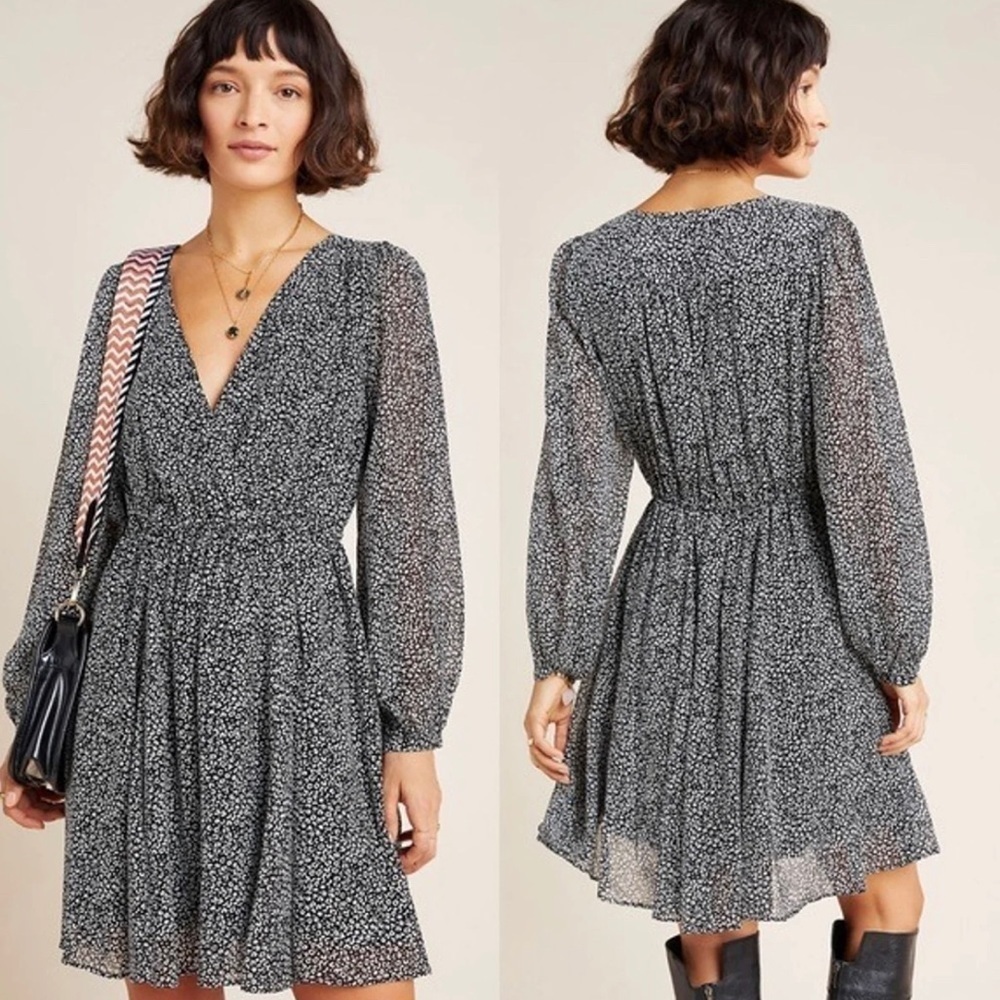 Anthropologie Maeve Carolyn Black Leopard Balloon Sleeves Surplice Mini Dress XS